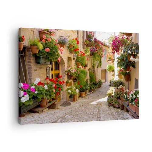 Quadro su tela - Stampe su Tela - Una strada con fiori in vaso e muri in pietra - 70x50cm - Un'esplosione di fiori - Decorazione murale moderna per soggiorno e camera da letto ARTTOR