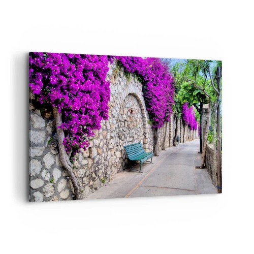Quadro su tela - Stampe su Tela - Un sentiero in pietra con una panchina e fiori viola in fiore - 100x70cm - Incontriamoci al più presto - Decorazione murale moderna per soggiorno e camera da letto ARTTOR