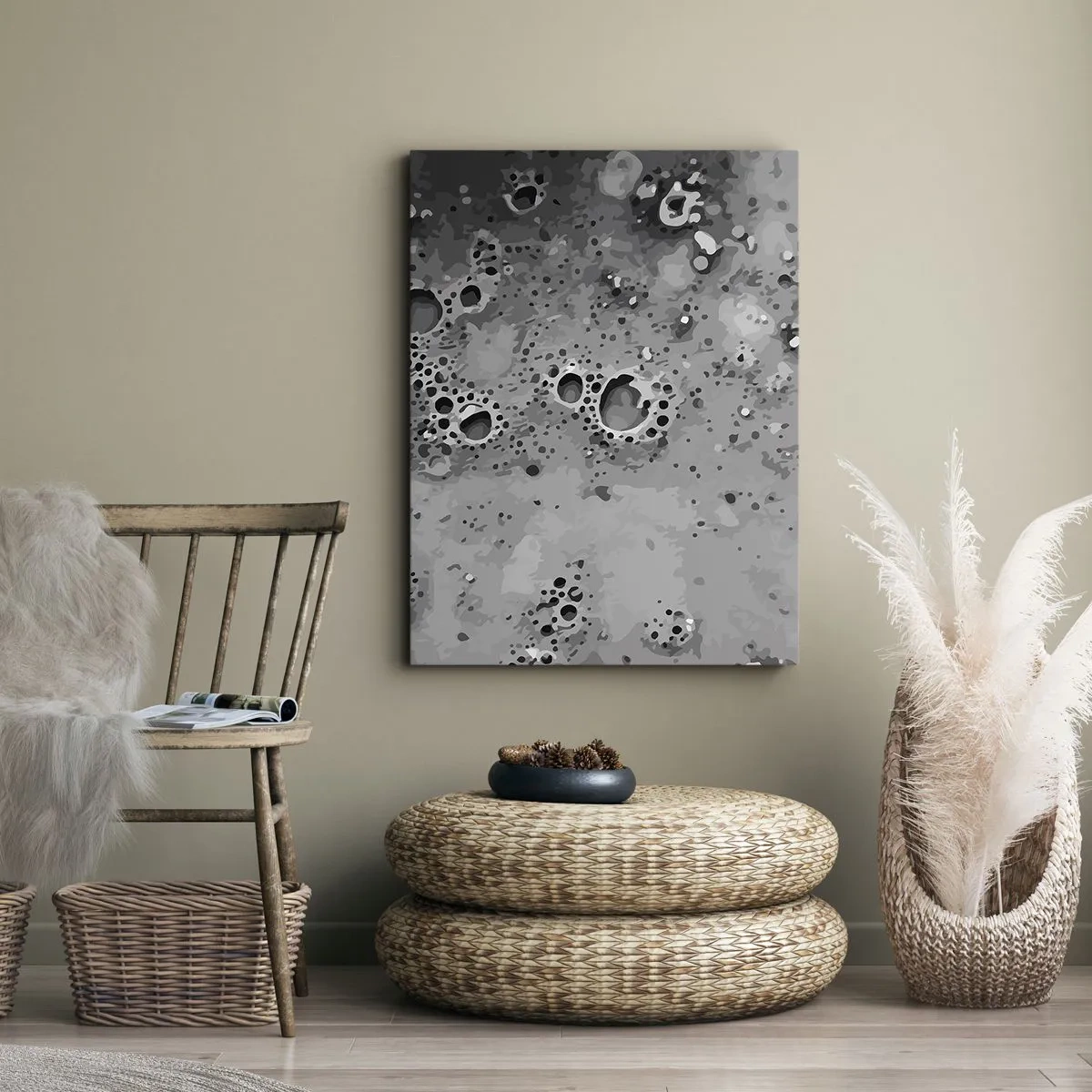 Quadro su tela - Stampe su Tela - Motivo astratto a bolle in bianco e nero - 70x100cm - Come un paesaggio lunare - Decorazione murale moderna per soggiorno e camera da letto ARTTOR