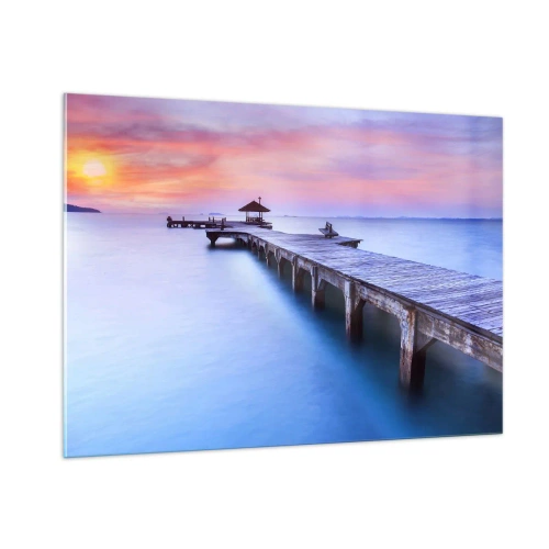 Quadro su vetro - Molo di legno all'alba su acque calme - 100x70cm - Un mare di pace fino all'orizzonte - Decorazione murale moderna per soggiorno e camera da letto ARTTOR