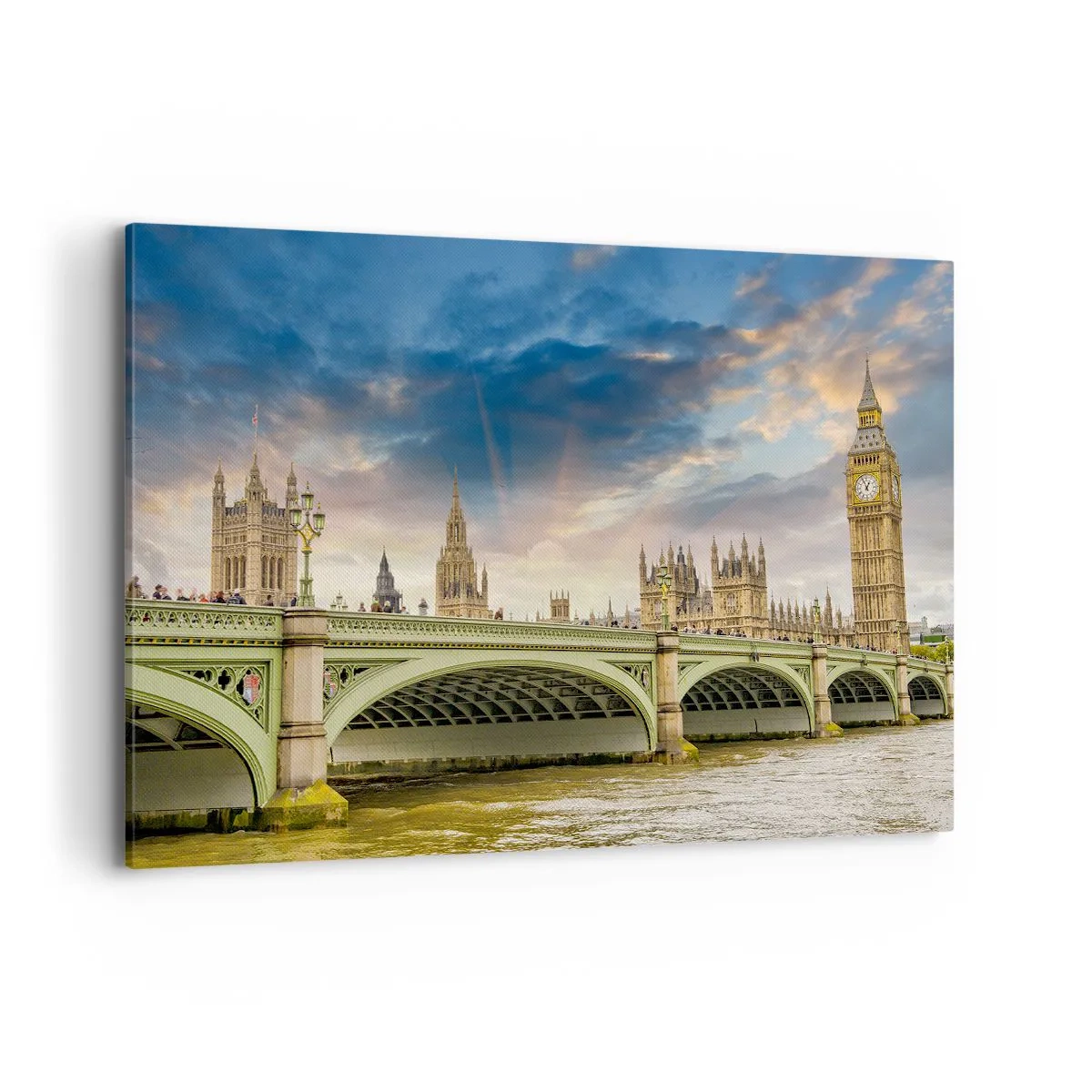 Quadro su tela - Stampe su Tela - Il Big Ben e il ponte di Westminster contro il cielo al tramonto - 120x80cm - Nell'Impero il tempo si è fermato - Decorazione murale moderna per soggiorno e camera da letto ARTTOR