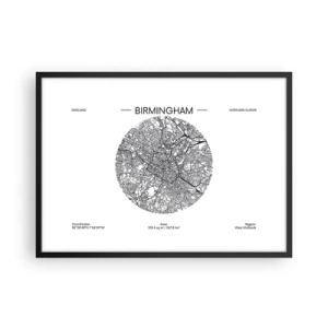Poster in cornice nera - Una mappa minimalista in bianco e nero di Birmingham con dettagli precisi. - 70x50cm - Anatomia di Birmingham - Decorazione murale moderna per soggiorno e camera da letto ARTTOR