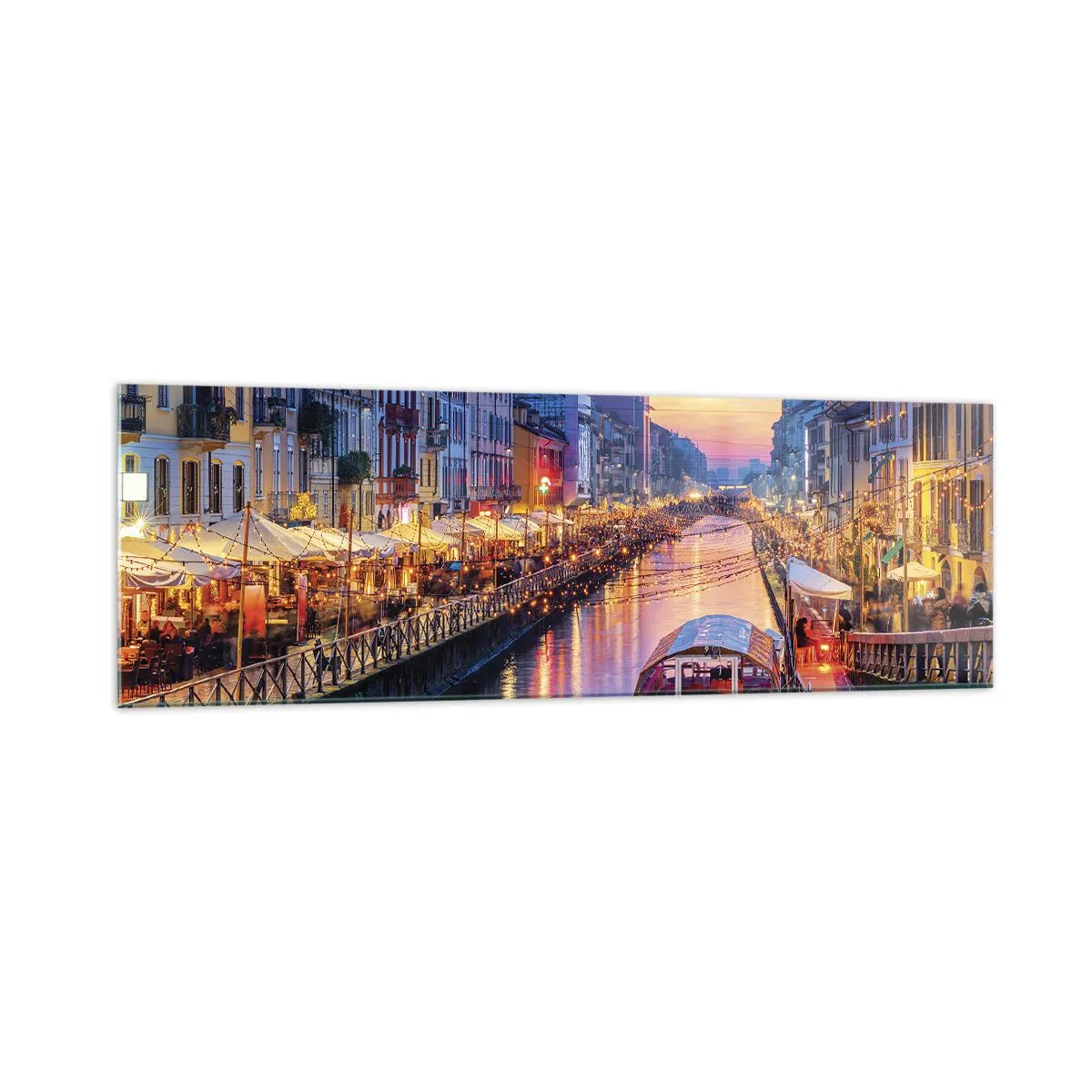Quadro su vetro - Un canale illuminato circondato da edifici colorati - 160x50cm - Sera di luce e di divertimento - Decorazione murale moderna per soggiorno e camera da letto ARTTOR
