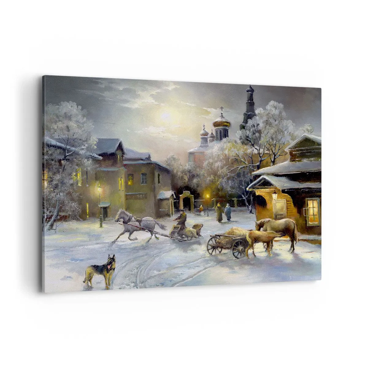 Quadro su tela - Stampe su Tela - Paesaggio invernale in una città russa con una slitta e una chiesa - 100x70cm - La magia dell'inverno russo - Decorazione murale moderna per soggiorno e camera da letto ARTTOR