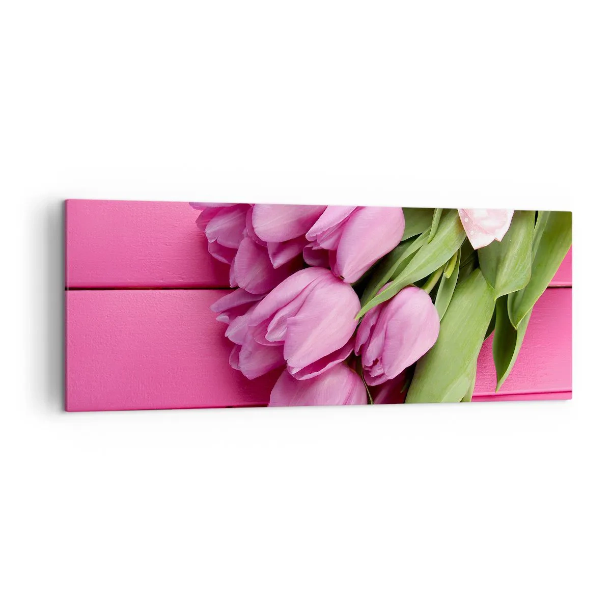 Quadro su tela - Stampe su Tela - Un mazzo di tulipani rosa con un fiocco su uno sfondo rosa - 140x50cm - Proprio per te - Decorazione murale moderna per soggiorno e camera da letto ARTTOR