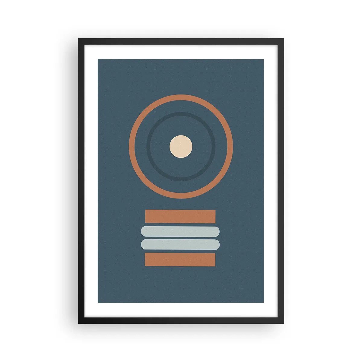 Poster in cornice nera - Motivo geometrico con cerchi e rettangoli nei toni del blu e del marrone - 50x70cm - L'essenza delle cose - Decorazione murale moderna per soggiorno e camera da letto ARTTOR