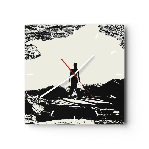 Orologio da parete - Orologio in Vetro - Silhouette in bianco e nero di una donna in una grotta contro il cielo - 30x30cm - Un nuovo sguardo - Decorazione murale moderna per soggiorno e camera da letto ARTTOR