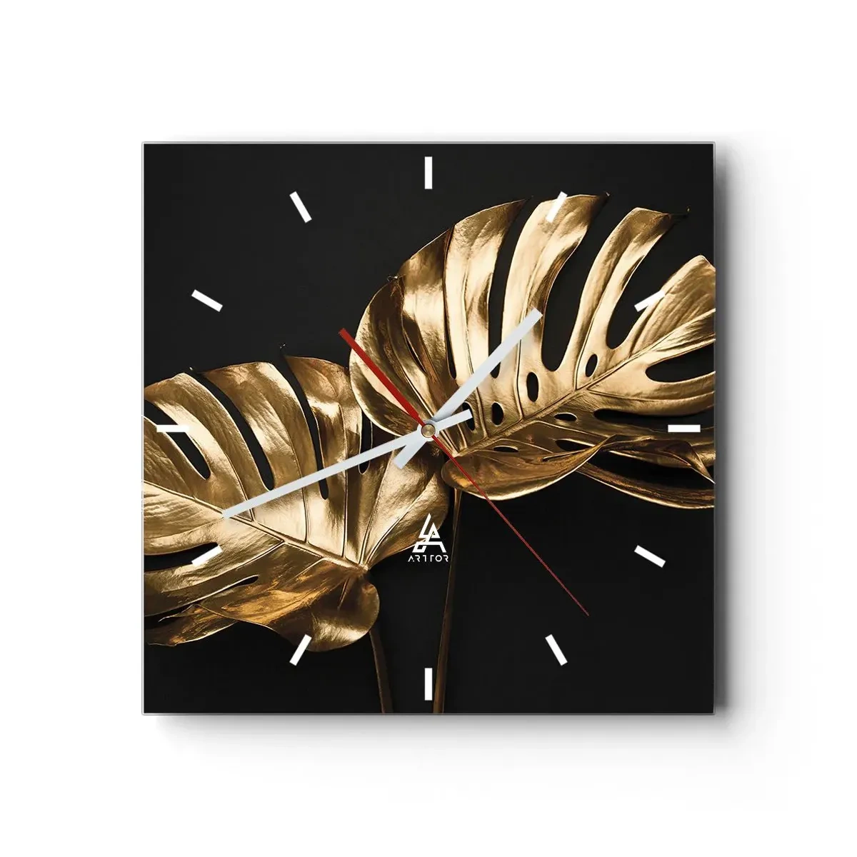 Orologio da parete - Orologio in Vetro - Foglie di monstera dorate su sfondo nero - 30x30cm - I tesori della natura - Decorazione murale moderna per soggiorno e camera da letto ARTTOR