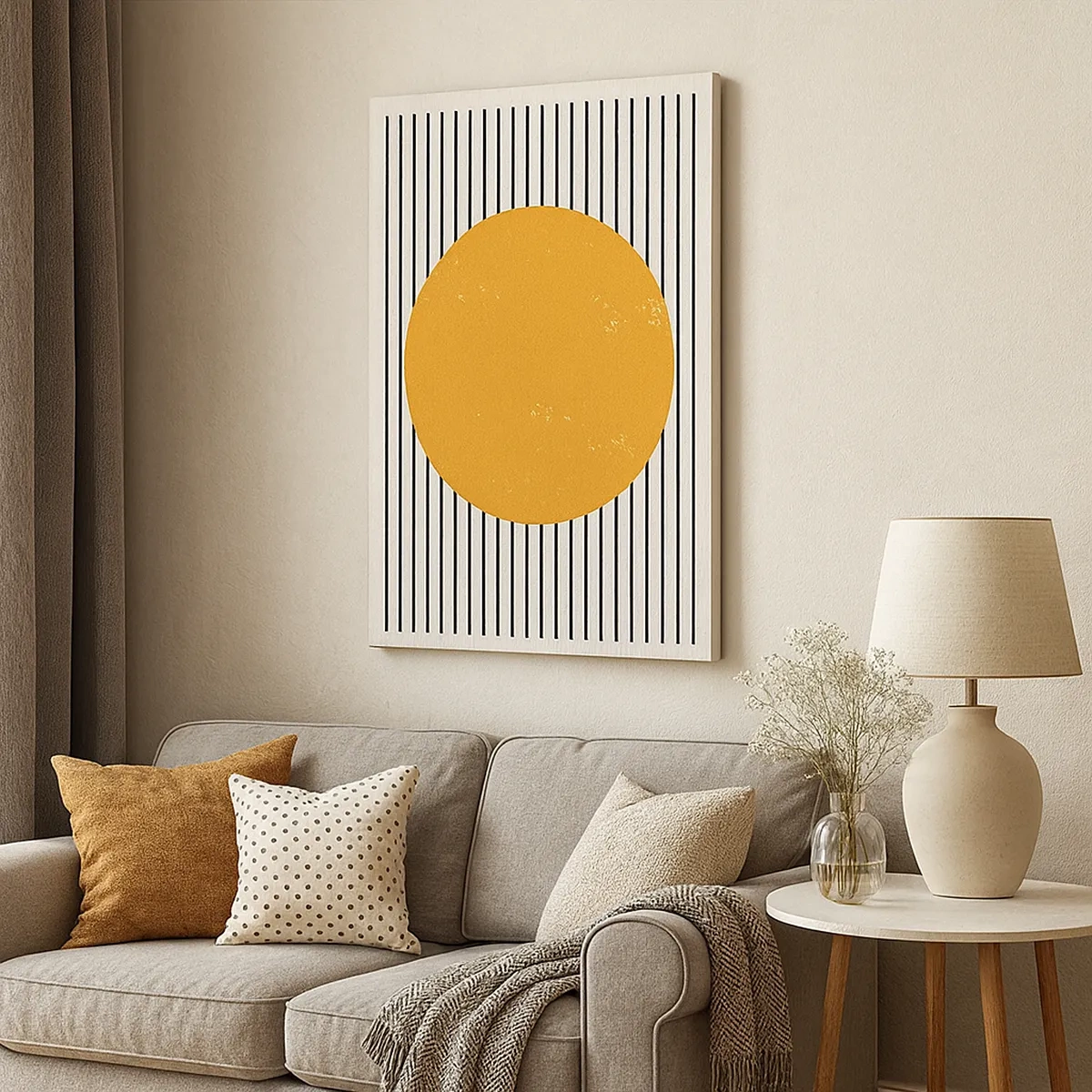 Quadro su tela - Stampe su Tela - Un cerchio giallo su uno sfondo di linee orizzontali bianche e nere - 50x70cm - La forza della semplicità - Decorazione murale moderna per soggiorno e camera da letto ARTTOR