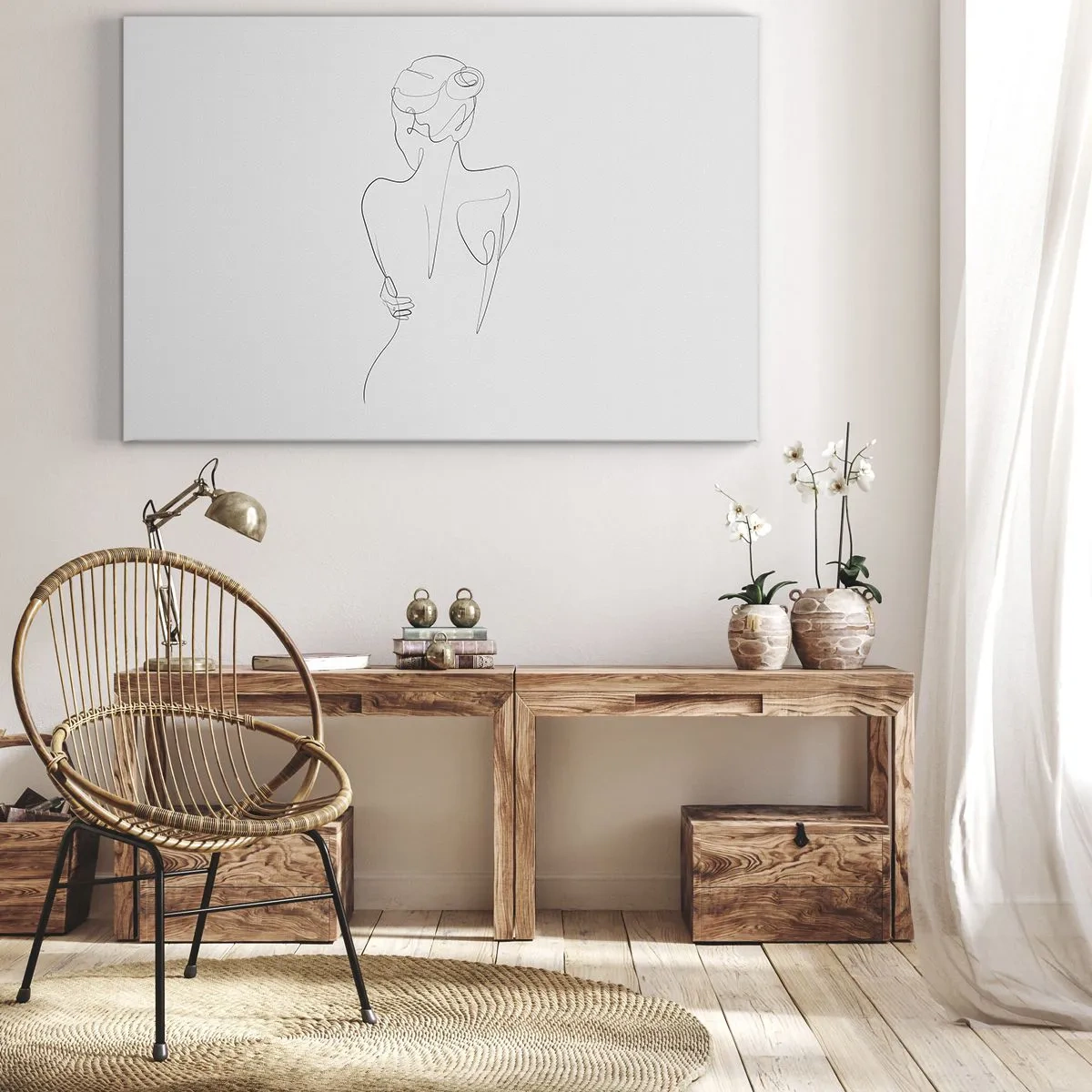 Quadro su tela - Stampe su Tela - Una linea di contorno che mostra una silhouette femminile su uno sfondo chiaro - 70x50cm - La musica del corpo - Decorazione murale moderna per soggiorno e camera da letto ARTTOR