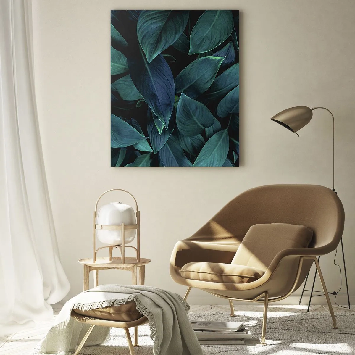 Quadro su vetro - Primo piano di foglie verdi con sfondo scuro - 70x100cm - Il verde puro - Decorazione murale moderna per soggiorno e camera da letto ARTTOR