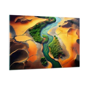 Quadro su vetro - Oasi verdi e un fiume tra dune arancioni - 120x80cm - Il fiume della vita - Decorazione murale moderna per soggiorno e camera da letto ARTTOR