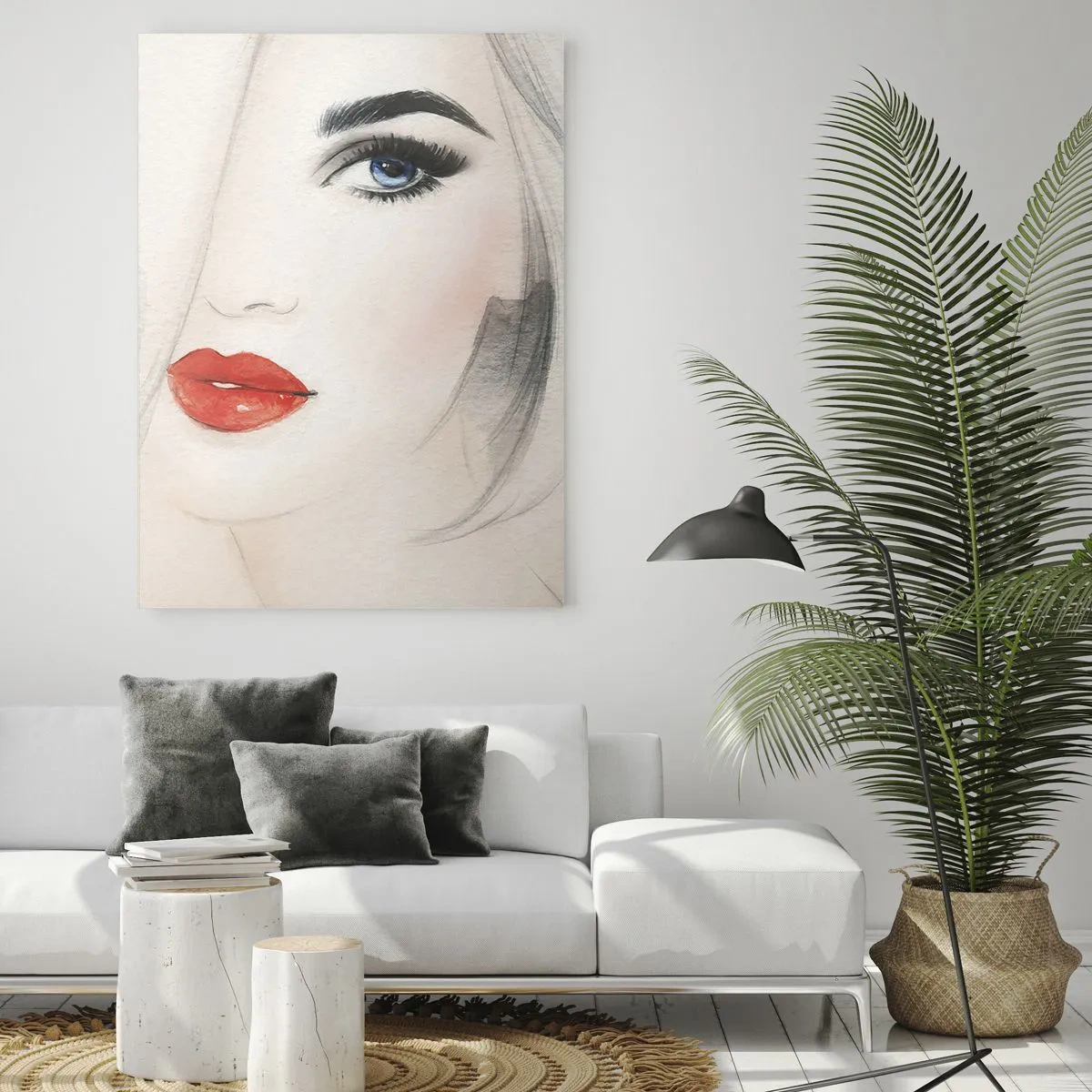 Quadro su vetro - Un ritratto minimalista di una donna con occhi azzurri e labbra rosse. - 80x120cm - Ipnotizza e inebria - Decorazione murale moderna per soggiorno e camera da letto ARTTOR