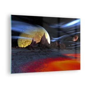 Quadro su vetro - Paesaggio alieno con un pianeta e un cielo colorato - 70x50cm - Un mondo sconosciuto - Decorazione murale moderna per soggiorno e camera da letto ARTTOR