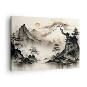 Quadro su tela - Stampe su Tela - Un paesaggio orientale con montagne e una pagoda dalle tonalità delicate. - 70x50cm - Il fascino irripetibile dell'oriente - Decorazione murale moderna per soggiorno e camera da letto ARTTOR