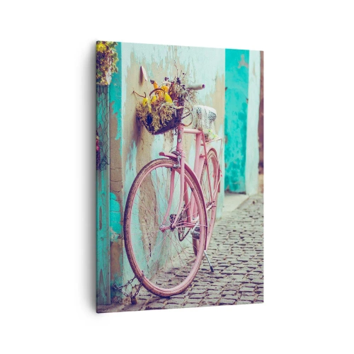 Quadro su tela - Stampe su Tela - Una bicicletta rosa vicino a una porta turchese - 70x100cm - Torno subito - Decorazione murale moderna per soggiorno e camera da letto ARTTOR