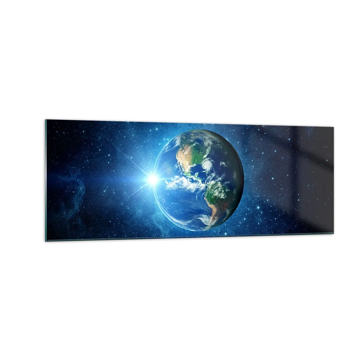 Quadro su vetro - La Terra nello spazio circondata da stelle e luce - 140x50cm - Siamo in cielo - Decorazione murale moderna per soggiorno e camera da letto ARTTOR