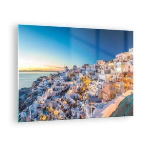Quadro su vetro - Panorama di Santorini al tramonto - 70x50cm - Essenza della grecità - Decorazione murale moderna per soggiorno e camera da letto ARTTOR