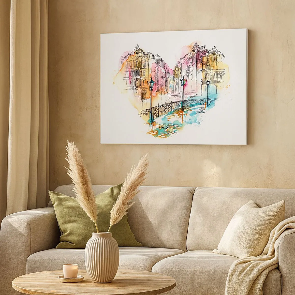 Quadro su tela - Stampe su Tela - Acquerello di un ponte e case popolari a forma di cuore - 70x50cm - Il cuore della città - Decorazione murale moderna per soggiorno e camera da letto ARTTOR
