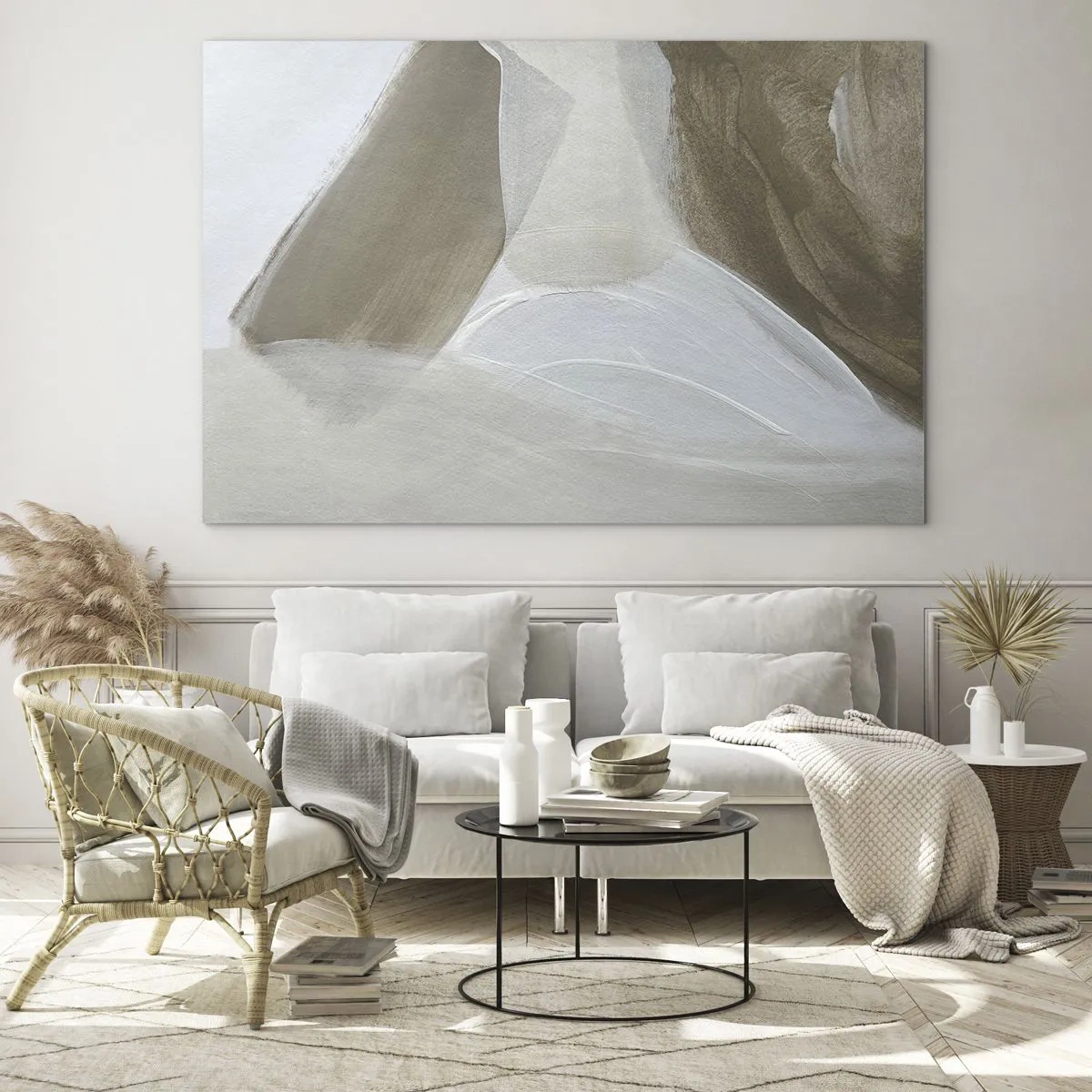 Quadro su vetro - Una delicata astrazione in bianco e beige con tratti morbidi. - 70x50cm - Onda di bianco - Decorazione murale moderna per soggiorno e camera da letto ARTTOR