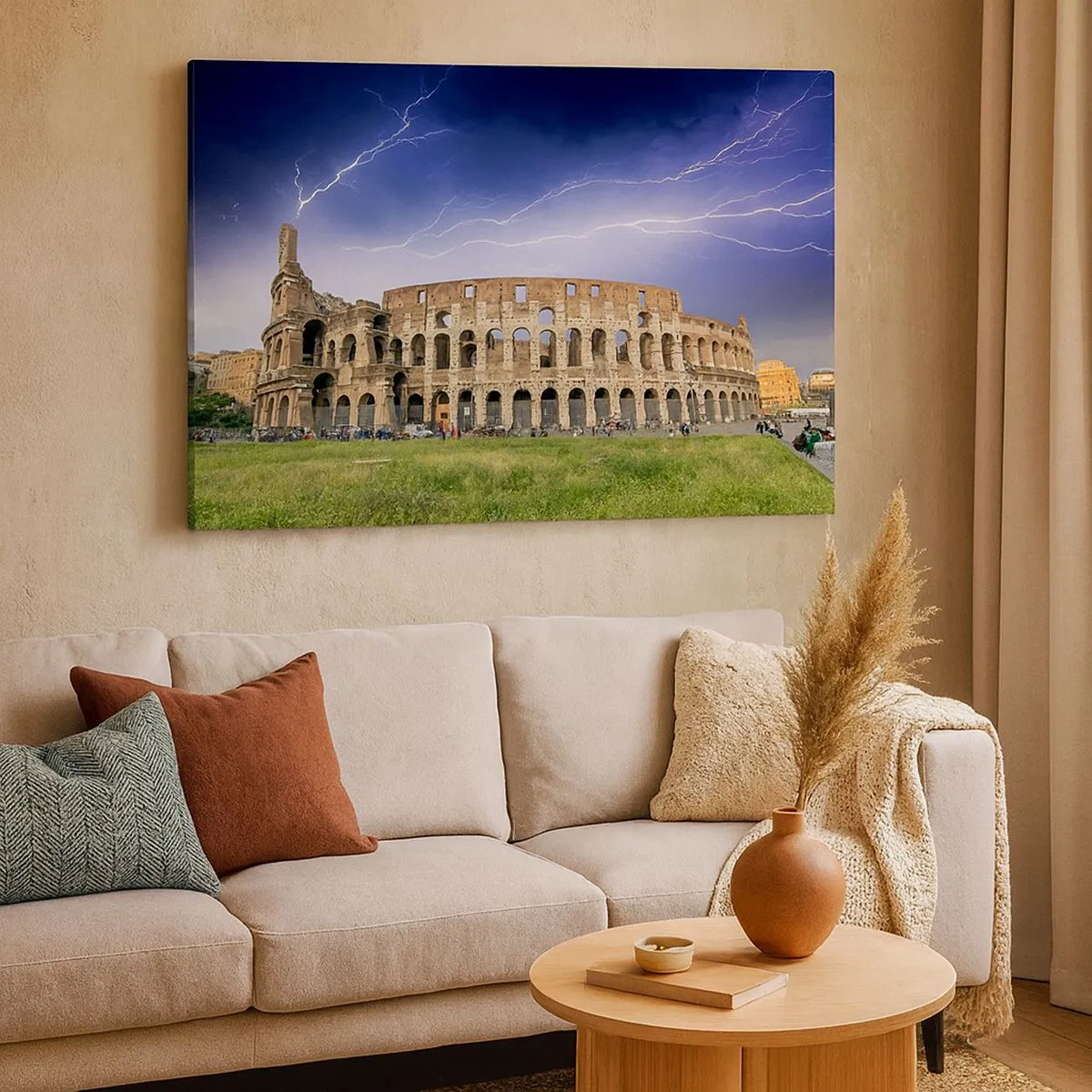 Quadro su tela - Stampe su Tela - Il Colosseo a Roma illuminato dai fulmini - 70x50cm - Arena di combattimenti - Decorazione murale moderna per soggiorno e camera da letto ARTTOR