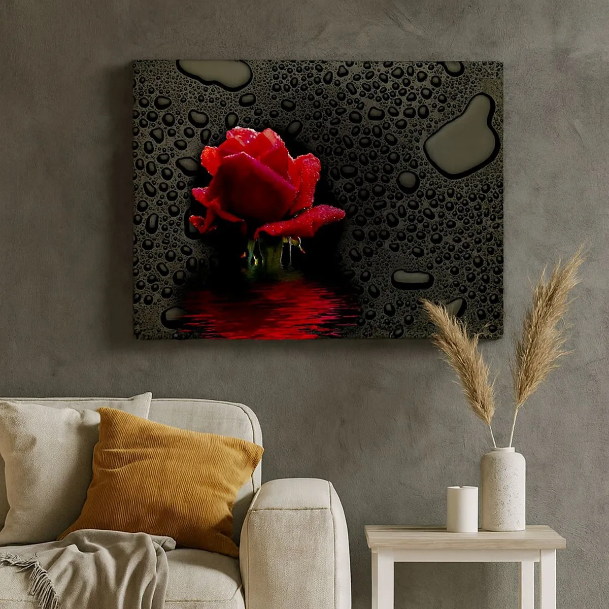 Quadro su tela - Stampe su Tela - Rosa rossa con gocce d'acqua su sfondo scuro - 70x50cm - Rosso e nero - Decorazione murale moderna per soggiorno e camera da letto ARTTOR