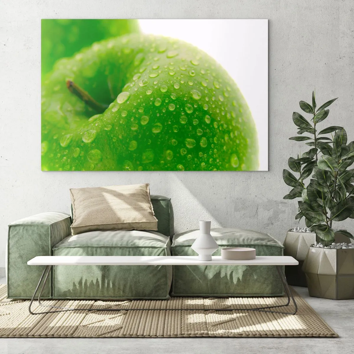 Quadro su vetro - Una mela verde ricoperta di gocce d'acqua - 120x80cm - Rinfrescante verde freschezza - Decorazione murale moderna per soggiorno e camera da letto ARTTOR