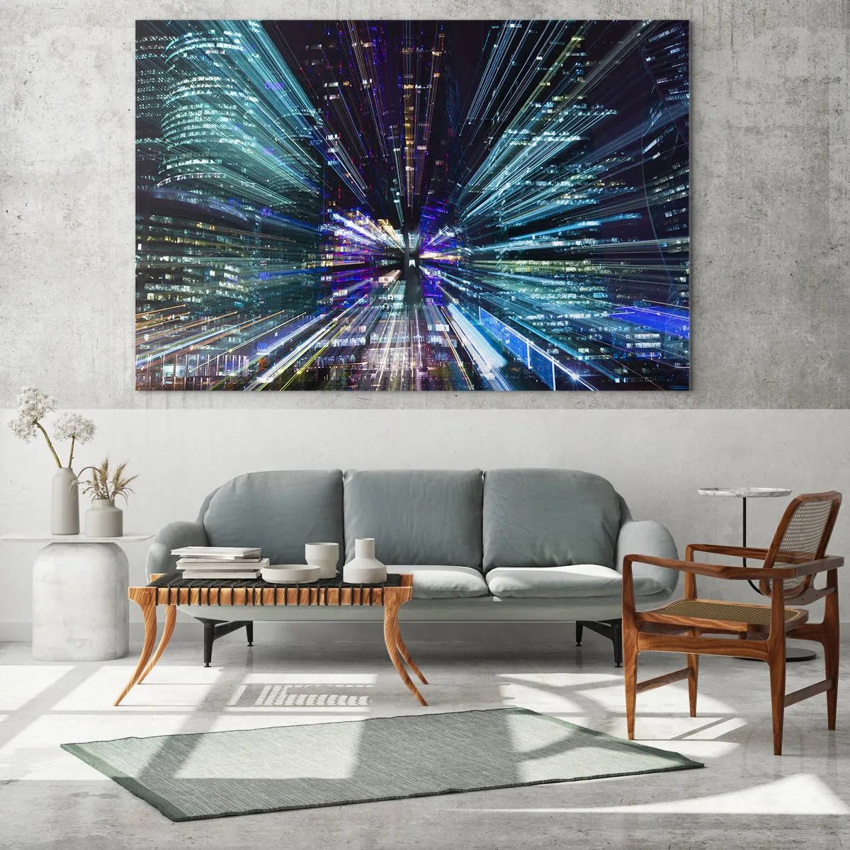 Quadro su vetro - Linee di luce dinamiche sullo sfondo di una città notturna - 100x70cm - Passaggio nell'iperspazio - Decorazione murale moderna per soggiorno e camera da letto ARTTOR