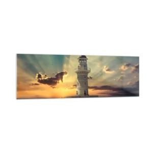 Quadro su vetro - Un faro al tramonto contro il cielo - 160x50cm - Luce - Bontà - Bellezza - Decorazione murale moderna per soggiorno e camera da letto ARTTOR