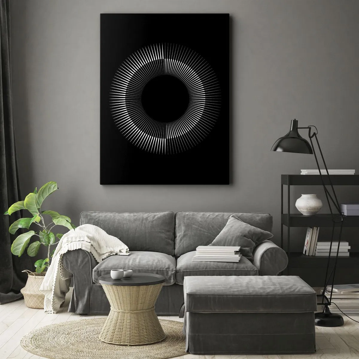Quadro su tela - Stampe su Tela - Cerchio grafico con raggi in bianco e nero - 50x70cm - Sole nero - Decorazione murale moderna per soggiorno e camera da letto ARTTOR