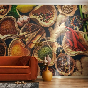 Fotomurali Standard Eco - Una composizione di spezie ed erbe aromatiche in ciotole naturali - 100x70cm - Prendi quello che vuoi - Decorazione murale moderna per soggiorno e camera da letto ARTTOR