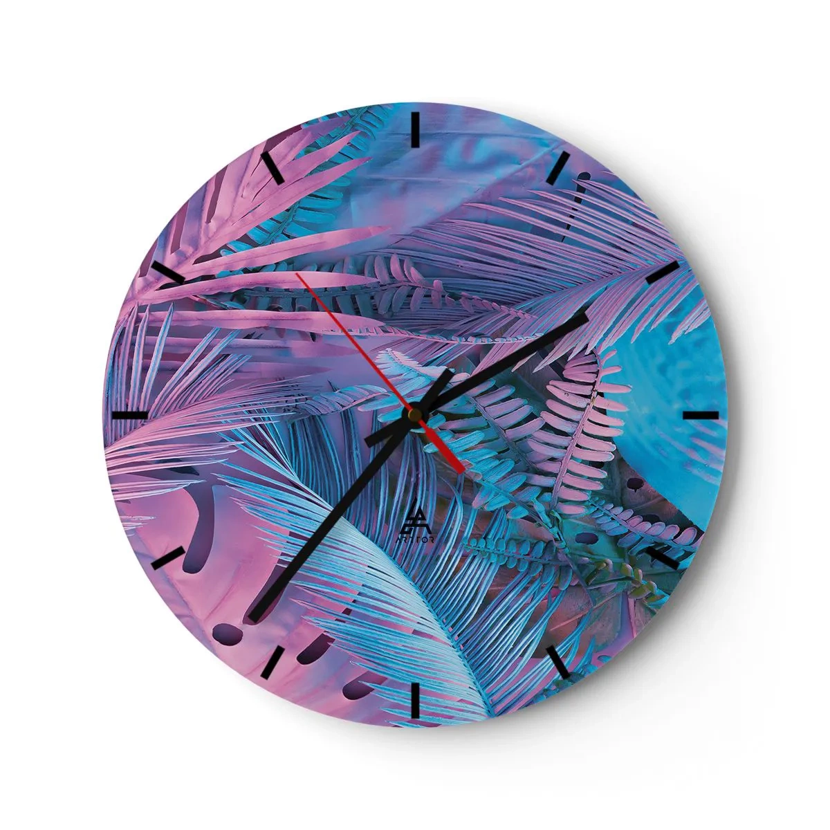 Orologio da parete - Orologio in Vetro - Una composizione astratta di foglie di palma nelle tonalità del rosa e del blu. - 30x30cm - Tropici in rosa e blu - Decorazione murale moderna per soggiorno, cucina e camera da letto ARTTOR