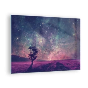 Quadro su vetro - Un albero sullo sfondo di un cielo stellato e di una galassia - 70x50cm - Sotto un cielo magico - Decorazione murale moderna per soggiorno e camera da letto ARTTOR