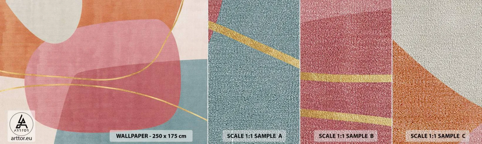Campione di Fotomurale Premium Sand - Composizione pastello con filo dorato - Astrazione, Minimalismo, Forme - 100x30 cm