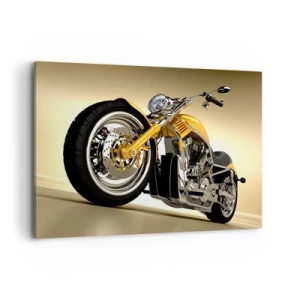 Quadro su tela - Stampe su Tela - Una motocicletta gialla in stile chopper contro un muro beige - 100x70cm - Sogno di forza e di velocità - Decorazione murale moderna per soggiorno e camera da letto ARTTOR