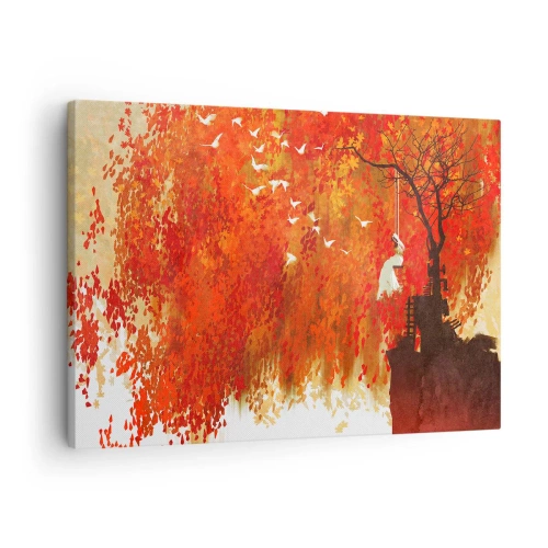 Quadro su tela - Stampe su Tela - Una figura su un'altalena vicino a un albero circondata da foglie rosse - 70x50cm - Voli con noi? - Decorazione murale moderna per soggiorno e camera da letto ARTTOR