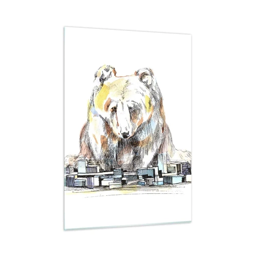 Quadro su vetro - Un orso che osserva la città in una composizione artistica - 50x70cm - Come si può vivere così? - Decorazione murale moderna per soggiorno e camera da letto ARTTOR