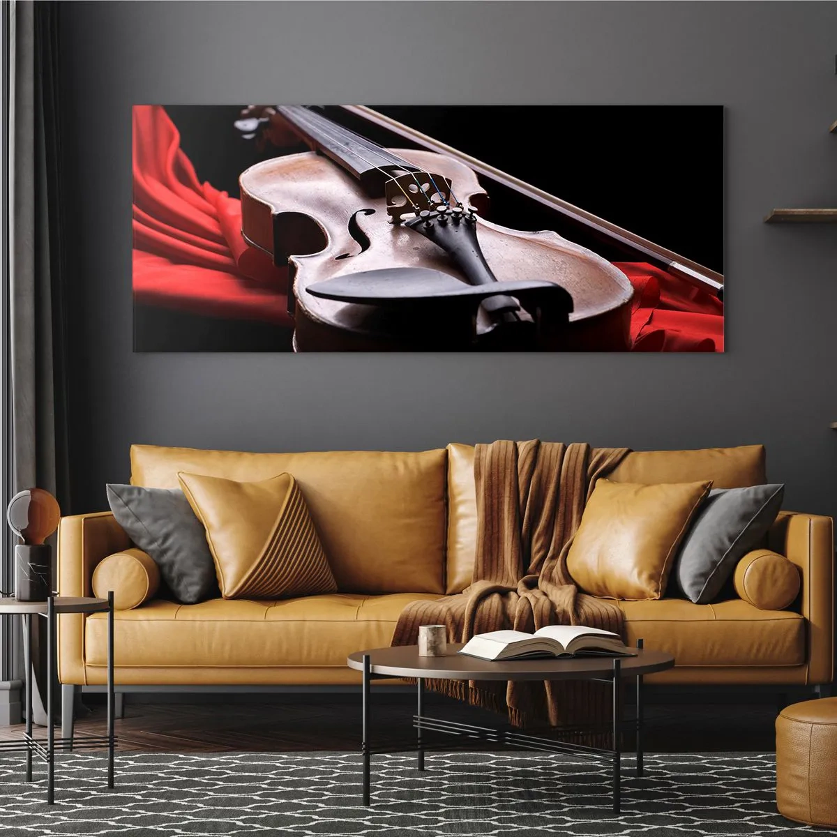 Quadro su vetro - Violino su tessuto rosso con sfondo nero - 140x50cm - La musica dei sentimenti - Decorazione murale moderna per soggiorno e camera da letto ARTTOR