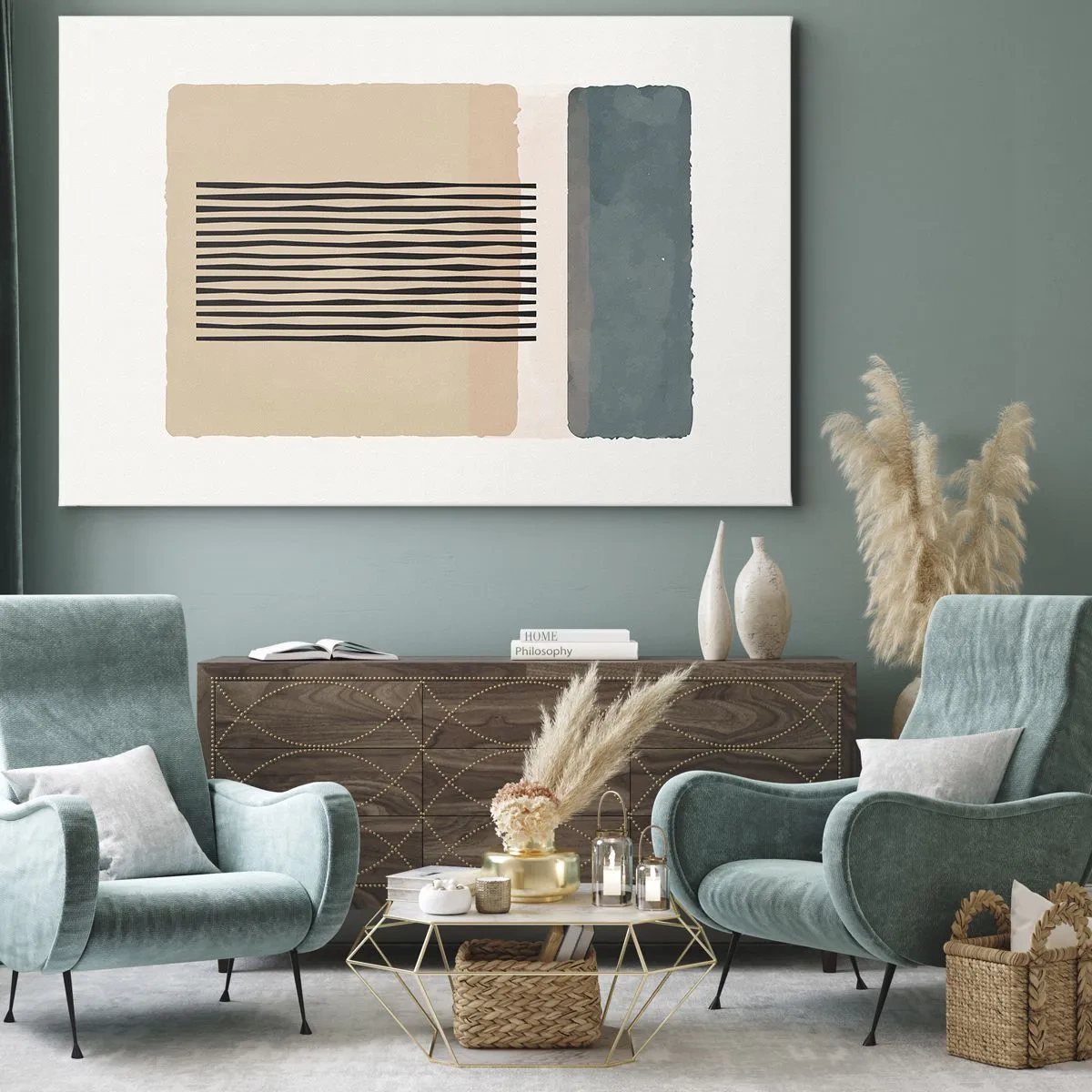 Quadro su tela - Stampe su Tela - Forme geometriche minimaliste nelle tonalità del beige e del verde - 100x70cm - Tutto a posto - Decorazione murale moderna per soggiorno e camera da letto ARTTOR