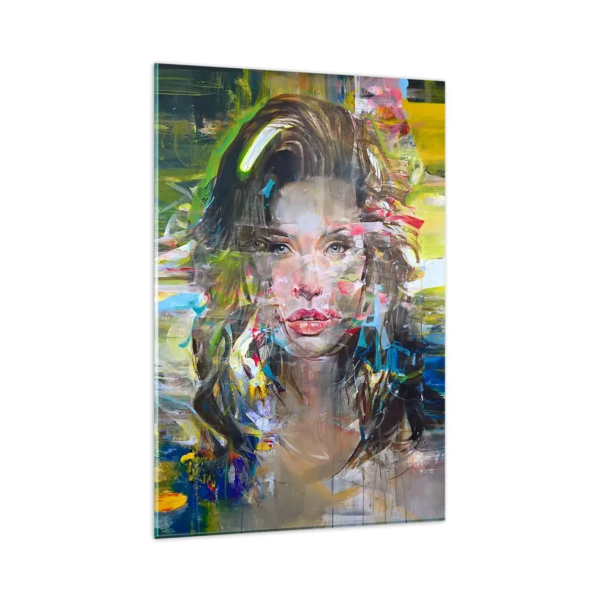 Quadro su vetro - Ritratto astratto di una donna dai colori intensi - 80x120cm - Dietro una tenda di vento - Decorazione murale moderna per soggiorno e camera da letto ARTTOR