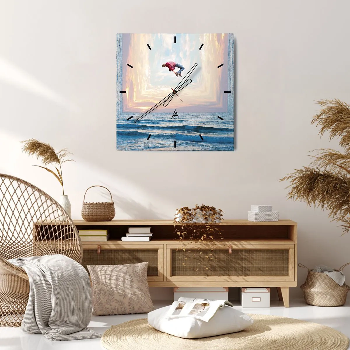 Orologio da parete - Orologio in Vetro - Salto surreale sul mare nella cornice - 30x30cm - In un'altra dimensione - Decorazione murale moderna per soggiorno e camera da letto ARTTOR