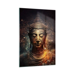 Quadro su vetro - Buddha dorato su sfondo scuro con ornamenti - 70x100cm - Equilibrio spirituale - Decorazione murale moderna per soggiorno e camera da letto ARTTOR