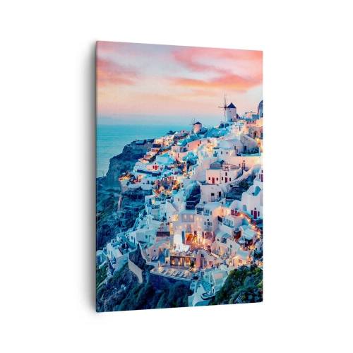 Quadro su tela - Stampe su Tela - Santorini al tramonto con edifici bianchi sulla collina - 70x100cm - La tua grossa vacanza greca - Decorazione murale moderna per soggiorno e camera da letto ARTTOR