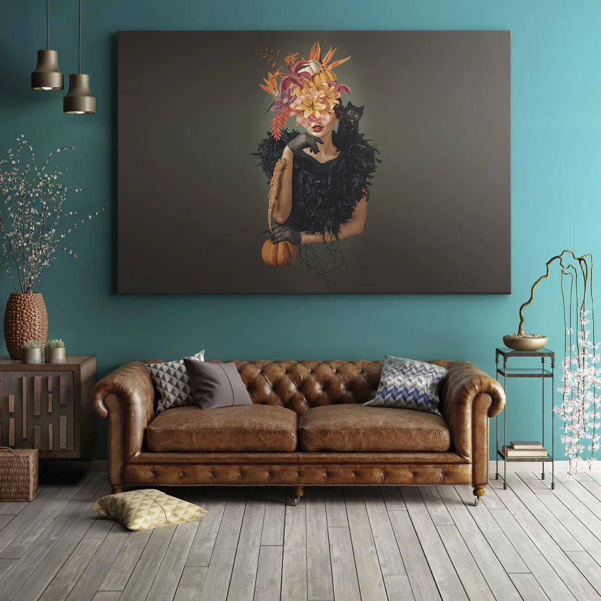 Quadro su tela - Stampe su Tela - Ritratto di donna con motivi autunnali e un gatto - 70x50cm - L'incantesimo della strega - Decorazione murale moderna per soggiorno e camera da letto ARTTOR