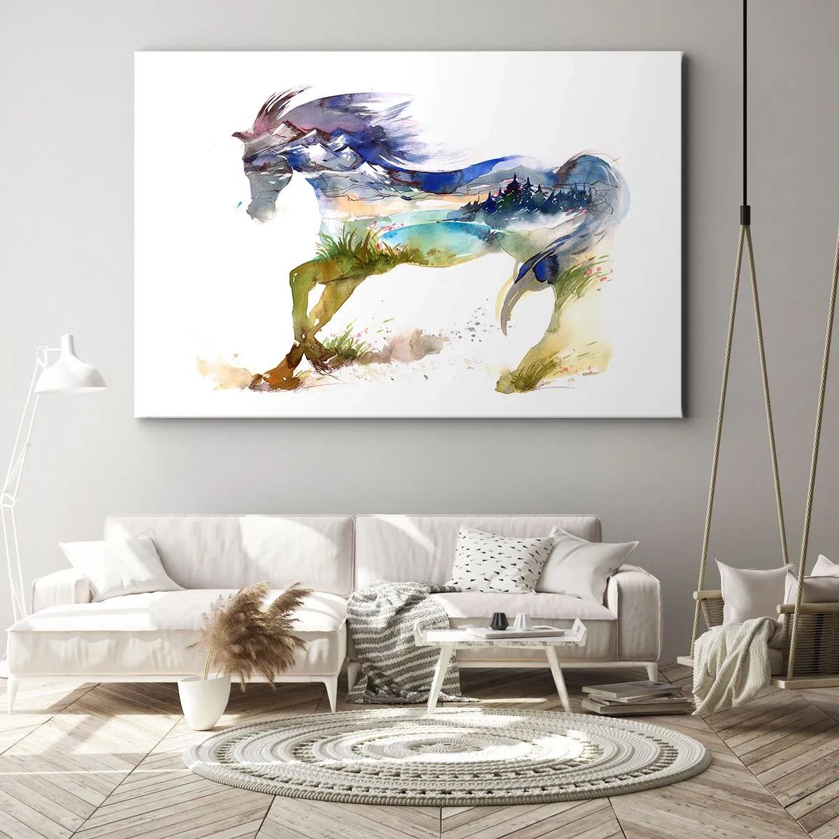 Quadro su tela - Stampe su Tela - Acquerello di un cavallo con un paesaggio montano in silhouette - 70x50cm - Direttamente dal prato al cielo - Decorazione murale moderna per soggiorno e camera da letto ARTTOR