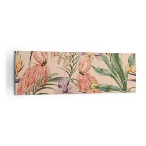 Quadro su tela - Stampe su Tela - Fenicotteri e fiori tropicali su uno sfondo chiaro - 160x50cm - Un ballo rosa nei fiori - Decorazione murale moderna per soggiorno e camera da letto ARTTOR