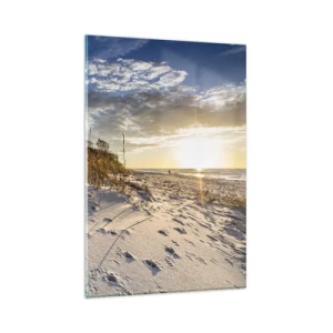 Quadro su vetro - Dune con erba e impronte nella sabbia al tramonto - 80x120cm - Invito a passeggiare - Decorazione murale moderna per soggiorno e camera da letto ARTTOR