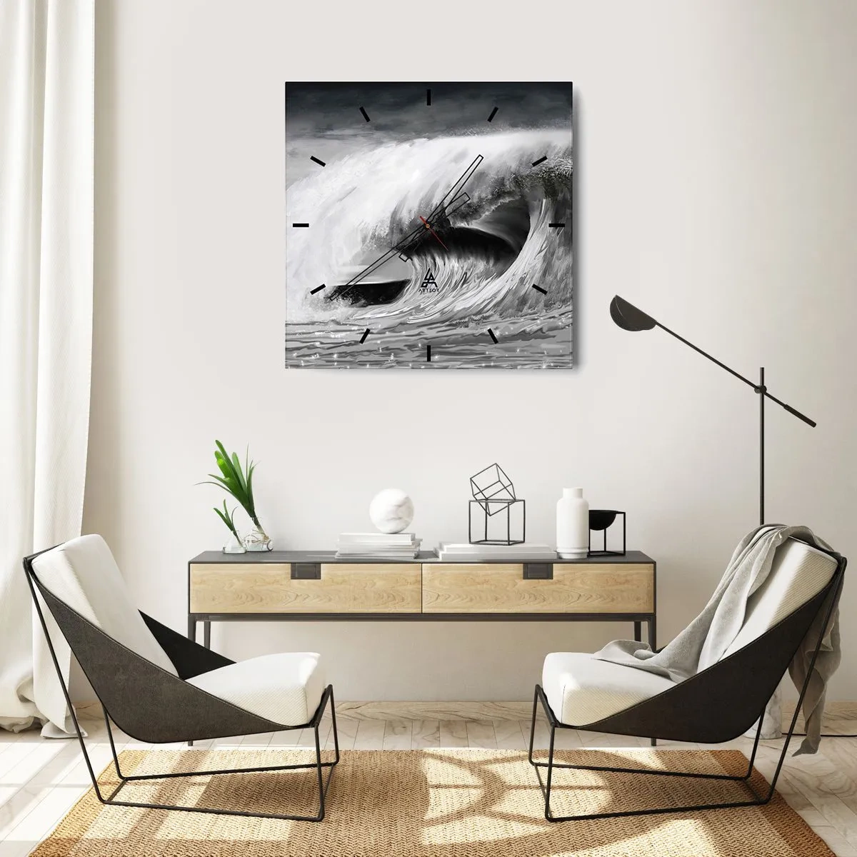 Orologio da parete - Orologio in Vetro - Onda oceanica spettacolare in monocromia - 30x30cm - La furia dell'oceano - Decorazione murale moderna per soggiorno e camera da letto ARTTOR