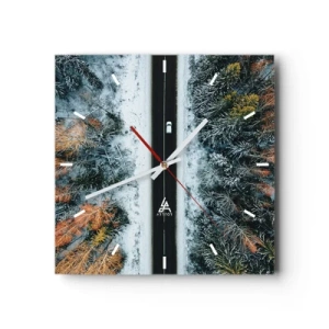 Orologio da parete - Orologio in Vetro - Una strada attraverso una foresta invernale vista da una prospettiva a volo d'uccello - 30x30cm - Tagliando la foresta invernale - Decorazione murale moderna per soggiorno e camera da letto ARTTOR