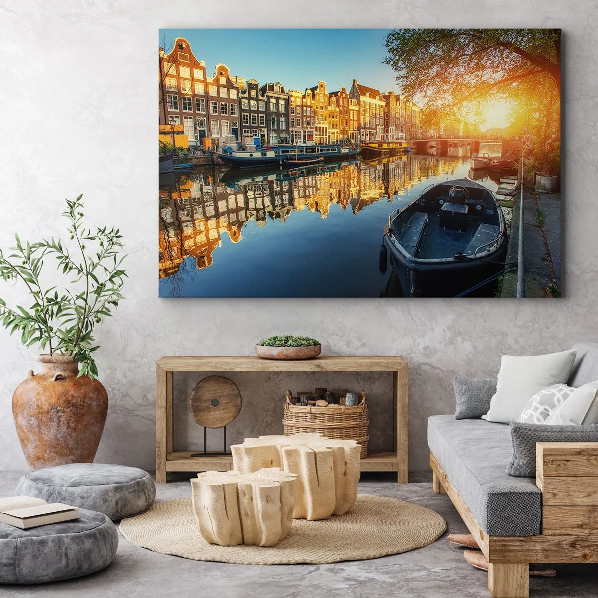 Quadro su tela - Stampe su Tela - Canale di Amsterdam al tramonto - 120x80cm - L'alba ad Amsterdam - Decorazione murale moderna per soggiorno e camera da letto ARTTOR